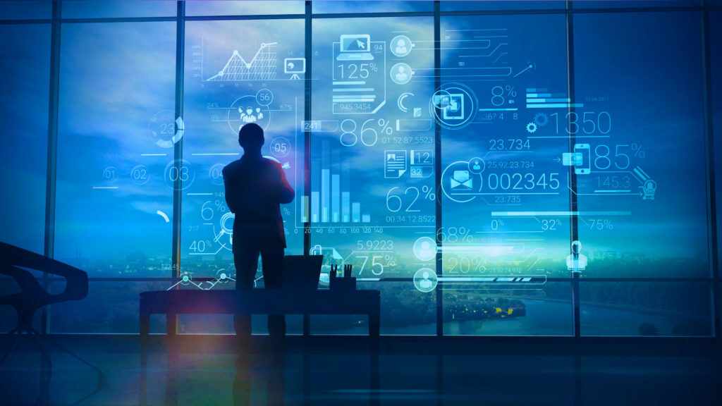 Man looking out window with screen overlay.